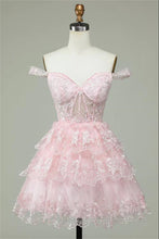 Load image into Gallery viewer, Pink Homecoming Dress 2023 Short Off the Shoulder Tulle with Lace Appliques
