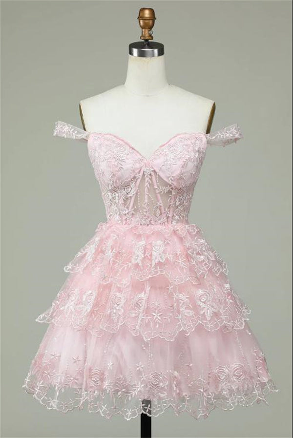 Pink Homecoming Dress 2023 Short Off the Shoulder Tulle with Lace Appliques