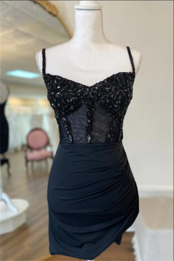 Black Homecoming Dress 2023 Short Spaghetti Straps Beaded Ruched