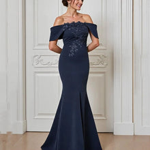 Load image into Gallery viewer, Navy Blue Mother of the Bride Dresses Mermaid Off Shoulder Wedding Guest Dress Lace Appliques Formal Dress

