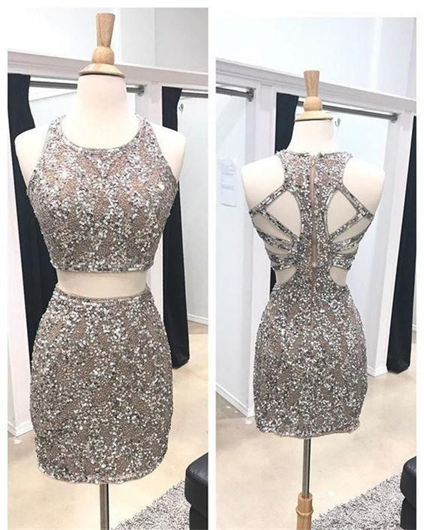 Grey Homecoming Dress 2023 Short Halter Neck Sleeveless Sequin