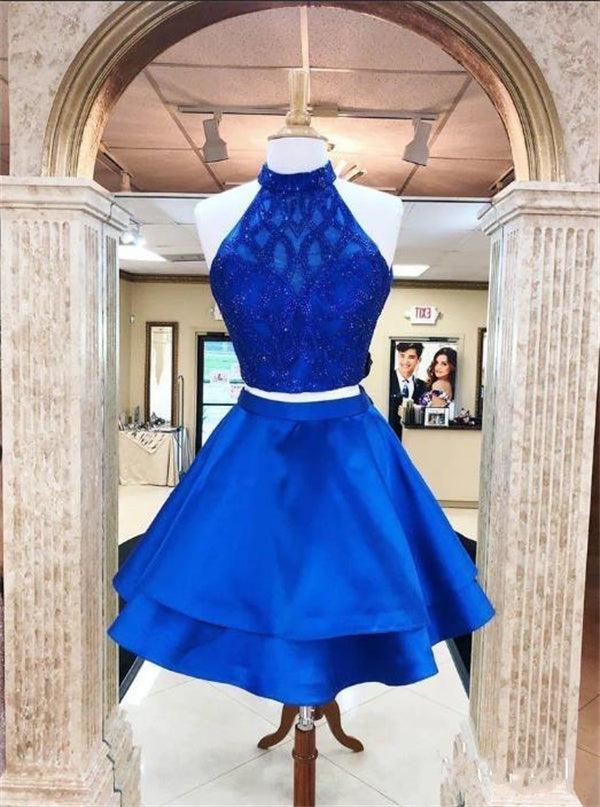 Royal Blue Homecoming Dress 2023 Short Two Piece Halter Neck Satin