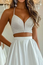 Load image into Gallery viewer, A-Line V-Neck Spaghetti Straps 2-Piece Sleeveless Floor-Length Satin Prom Dresses With Beaded
