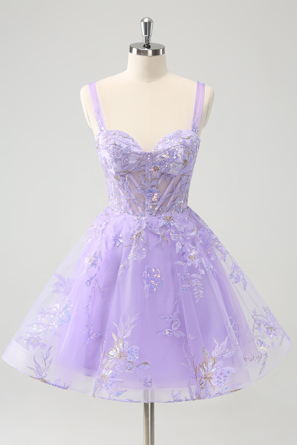 Lilac Spaghetti Straps Corset Embroidered Homecoming Dress with Sequins