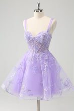 Load image into Gallery viewer, Lilac Spaghetti Straps Corset Embroidered Homecoming Dress with Sequins
