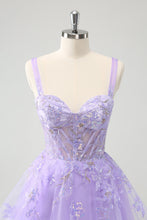 Load image into Gallery viewer, Lilac Spaghetti Straps Corset Embroidered Homecoming Dress with Sequins
