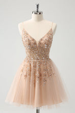 Load image into Gallery viewer, Blush Spaghetti Straps A Line Tulle Homecoming Dress with Sequin Appliques
