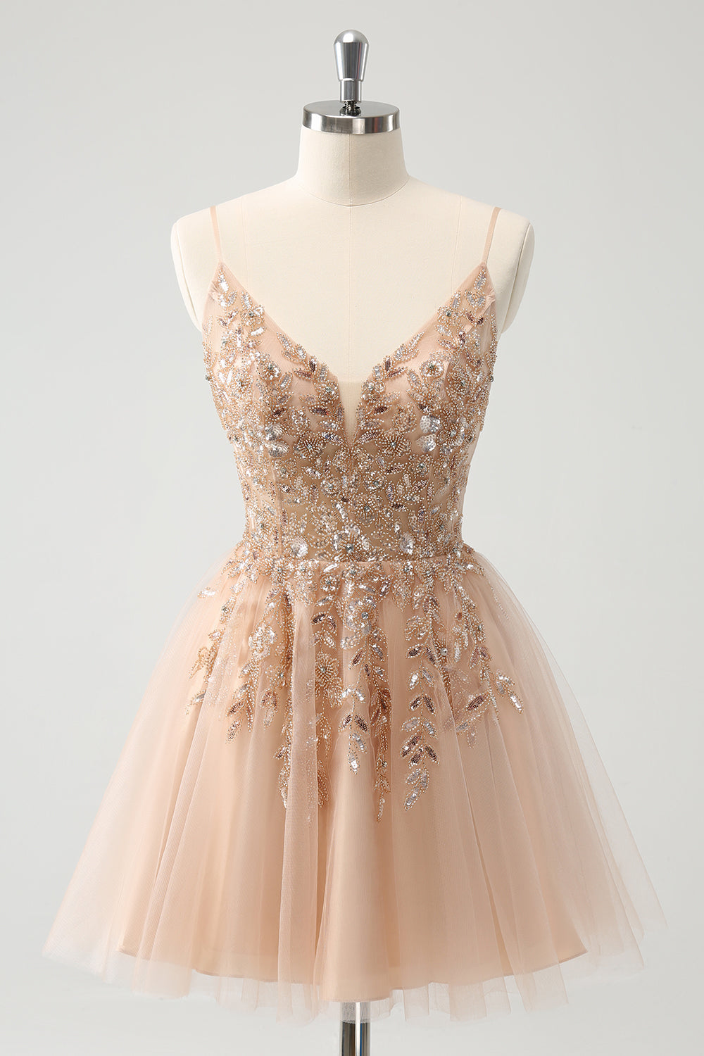 Blush Spaghetti Straps A Line Tulle Homecoming Dress with Sequin Appliques