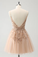 Load image into Gallery viewer, Blush Spaghetti Straps A Line Tulle Homecoming Dress with Sequin Appliques
