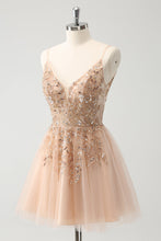 Load image into Gallery viewer, Blush Spaghetti Straps A Line Tulle Homecoming Dress with Sequin Appliques
