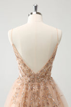 Load image into Gallery viewer, Blush Spaghetti Straps A Line Tulle Homecoming Dress with Sequin Appliques
