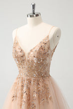 Load image into Gallery viewer, Blush Spaghetti Straps A Line Tulle Homecoming Dress with Sequin Appliques
