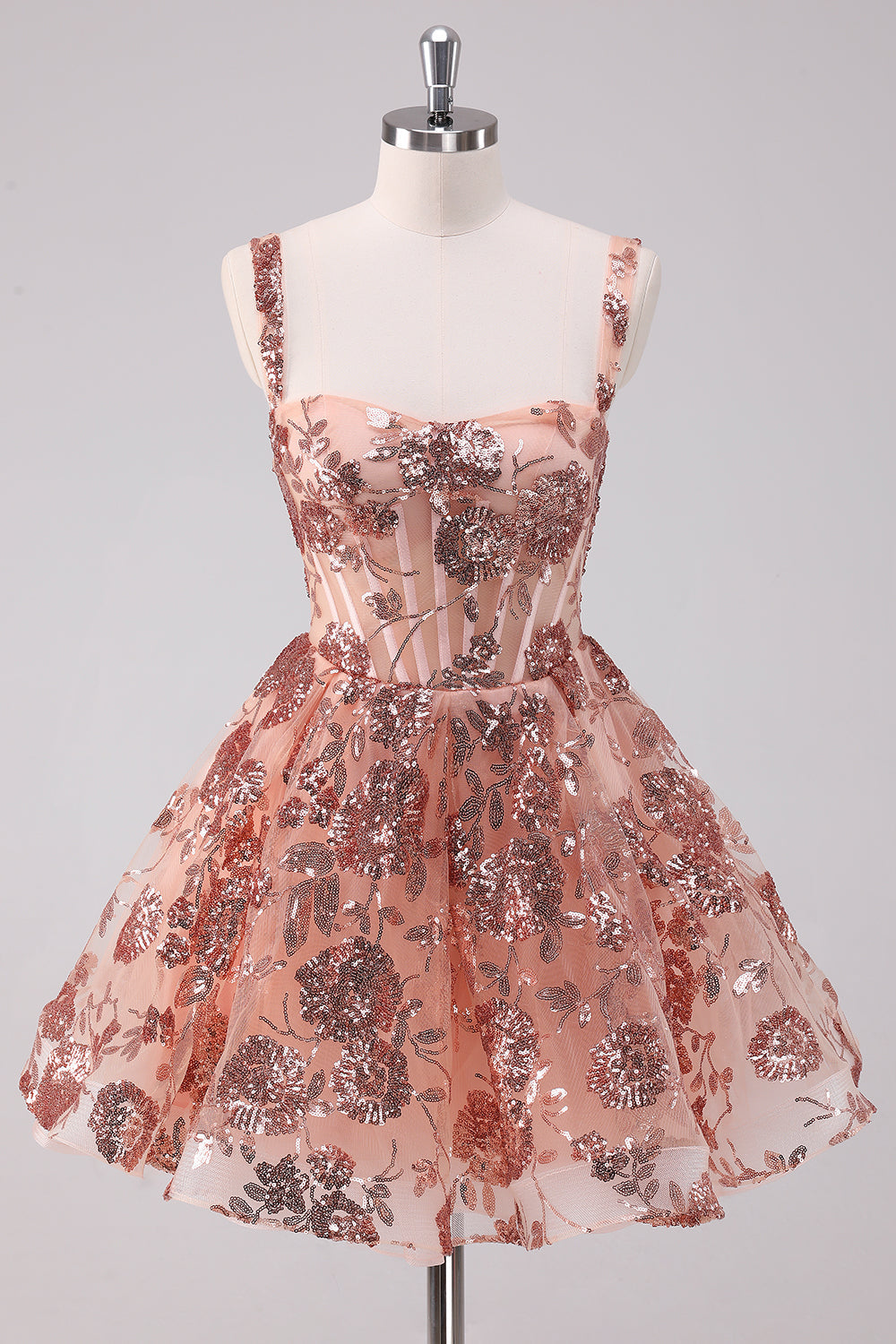 Blush Glitter Sequins Spaghetti Straps A-Line Tulle Corset Homecoming Dress