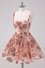 Load image into Gallery viewer, Blush Glitter Sequins Spaghetti Straps A-Line Tulle Corset Homecoming Dress
