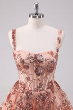 Load image into Gallery viewer, Blush Glitter Sequins Spaghetti Straps A-Line Tulle Corset Homecoming Dress
