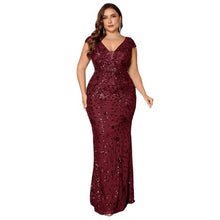 Load image into Gallery viewer, Burgundy Mermaid V Neck Plus Size Mother of the Bride Dress with Sequin Appliques

