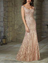 Load image into Gallery viewer, Mermaid Mother of the Bride Dresses Beaded Lace Wedding Guest Dress Cowl Collar Tulle Long Formal Dress Cap Sleeves
