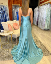 Load image into Gallery viewer, V Neck Spaghetti Straps Satin  Mermaid Long Prom Dresse With Slit Evening Gowns with Long Train
