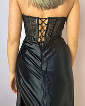 Load image into Gallery viewer, Mermaid Satin Sequin Beaded Strapless Long Prom Dresses with Slit Corset Evening Gowns
