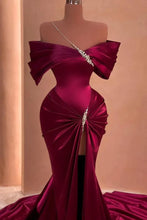 Load image into Gallery viewer, Long Mermaid Off the Shoulder Satin Beads Fromal Prom Dresses with slit

