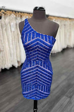 Load image into Gallery viewer, Royal Blue Homecoming Dress 2023 Short One-shoulder Sequin Sleeveless
