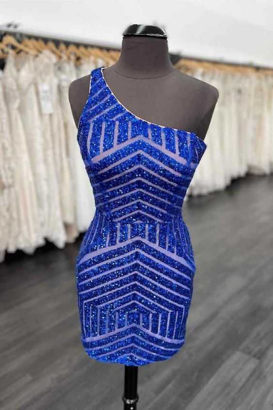 Royal Blue Homecoming Dress 2023 Short One-shoulder Sequin Sleeveless