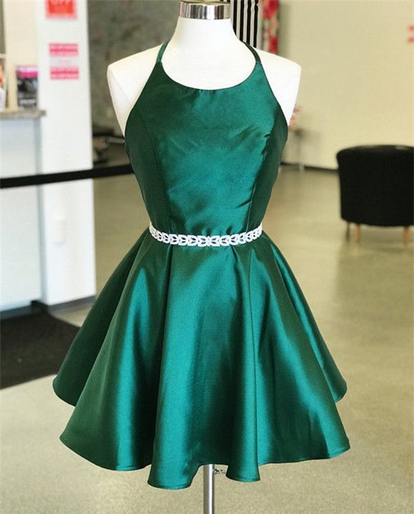 Emerald Green Homecoming Dress 2023 Short Halter Neck Satin