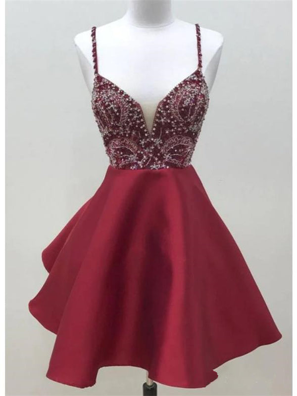 Red Homecoming Dress 2023 Short Spaghetti Straps Beaded Satin