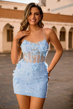 Load image into Gallery viewer, Blue Spaghetti Straps Sequins Corset Homecoming Dress with Flower Appliques
