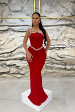 Load image into Gallery viewer, One-Shoulder Red Beaded Satin Mermaid Prom Dress
