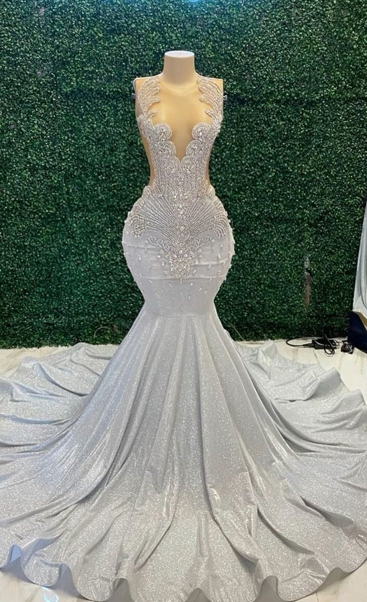 strapless open back dress Navy Blue Print A-Line Puff Sleeve Ruffle Long Prom Dress main image 0