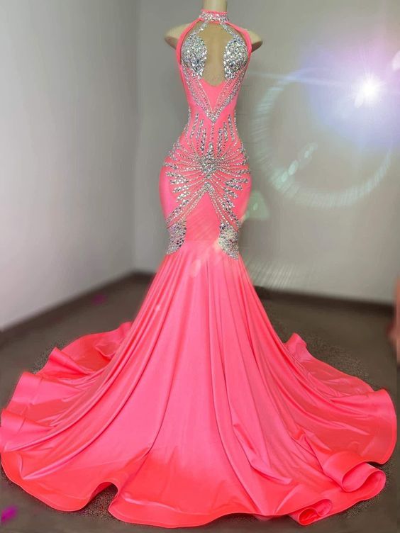 Pink Black Girl Prom Dress 2024 Halter Neck Satin Beaded