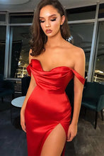 Load image into Gallery viewer, Red Long Off the Shoulder Satin High Split Mermaid Prom Dress
