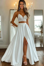 Load image into Gallery viewer, A-Line V-Neck Spaghetti Straps 2-Piece Sleeveless Floor-Length Satin Prom Dresses With Beaded
