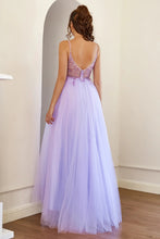 Load image into Gallery viewer, Sparkly Purple Spaghetti Straps Beading A Line Tulle Prom Dress with Slit
