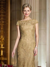 Load image into Gallery viewer, Gold Mother of the Bride Dresses Lace Mermaid Wedding Guest Dress Long Evening Dress Short Sleeves
