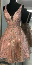 Load image into Gallery viewer, Pink Homecoming Dress 2023 Short V Neck Sleeveless Tulle Sparkle
