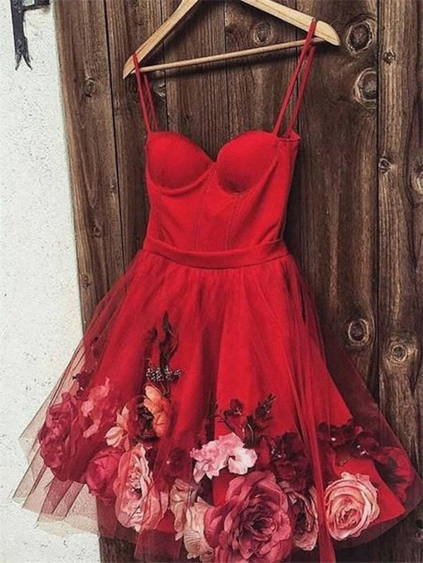 Red Homecoming Dress 2023 Short Spaghetti Straps Floral Tulle