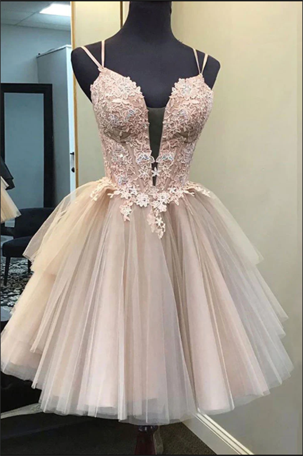 Dusty Pink Homecoming Dress 2023 Spaghettti Straps Tulle Corset Back