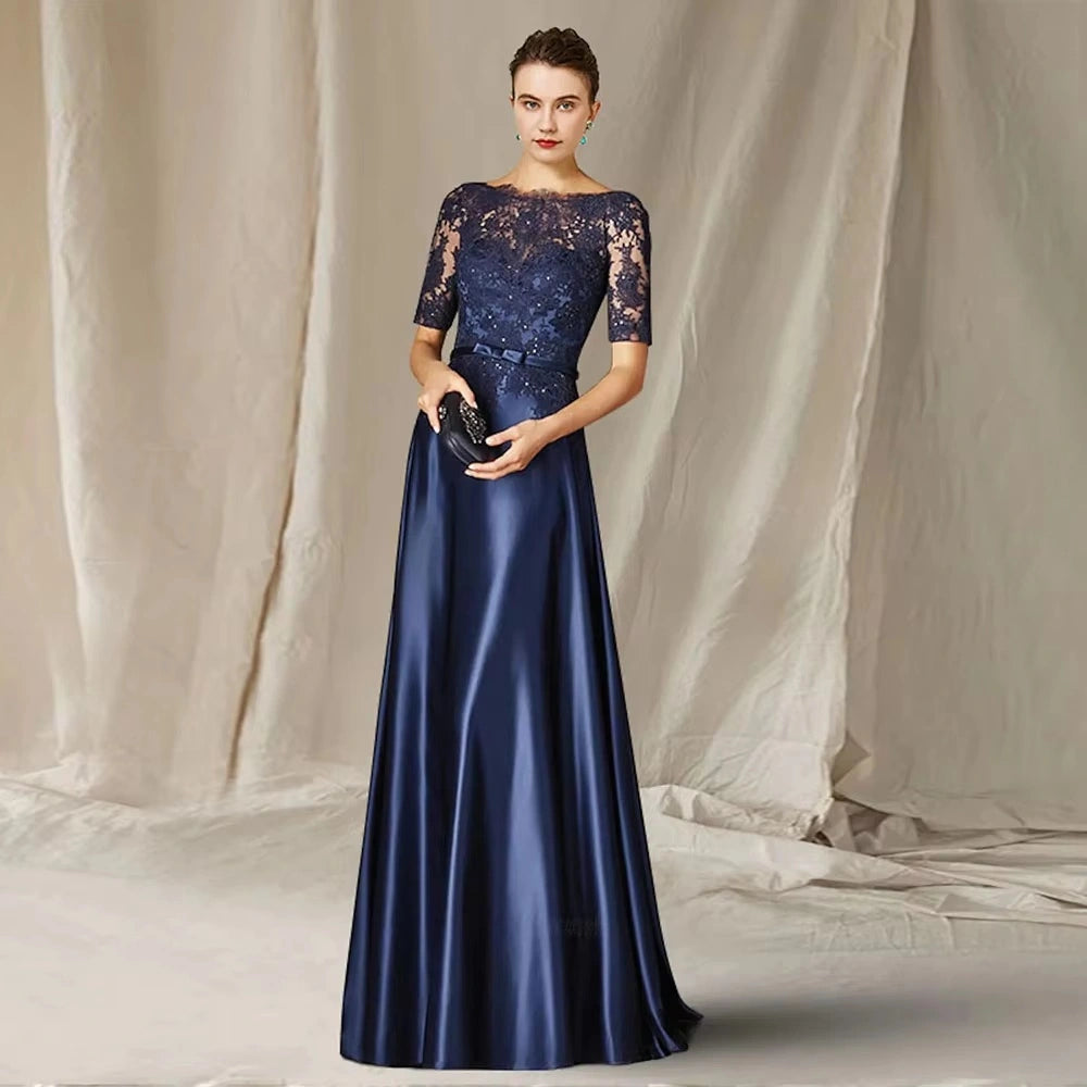 Navy Blue Mother of the Bride Dresses Sequin Lace Satin Wedding Guest Dress Boat Neck Evening Dress A Line