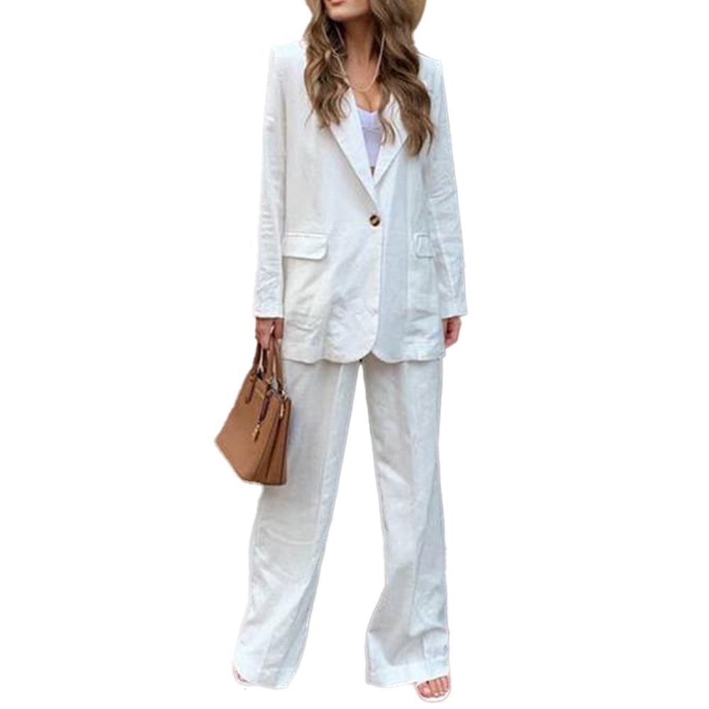 White Linen Women's Suits 2 Pieces Blazer Pants 2023 Business Oversized Casual Suit Sets