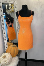 Load image into Gallery viewer, Orange Homecoming Dress 2023 Short Spaghetti Straps Sequin
