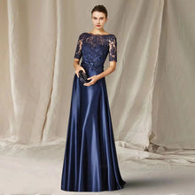 Load image into Gallery viewer, Navy Blue Mother of the Bride Dresses Sequin Lace Satin Wedding Guest Dress Boat Neck Evening Dress A Line

