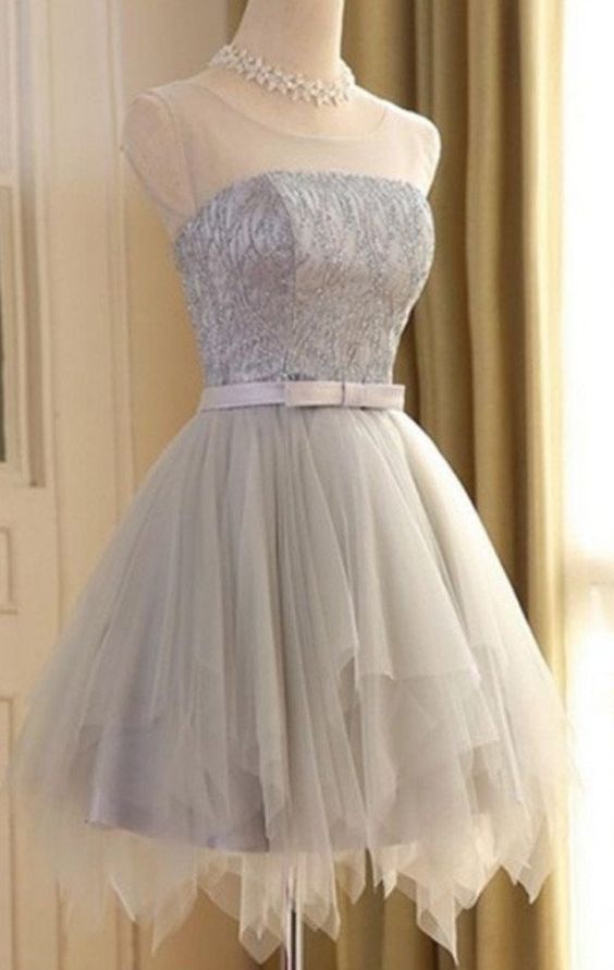 Gray Homecoming Dress 2023 Short Illusion Neck Sleeveless Tulle