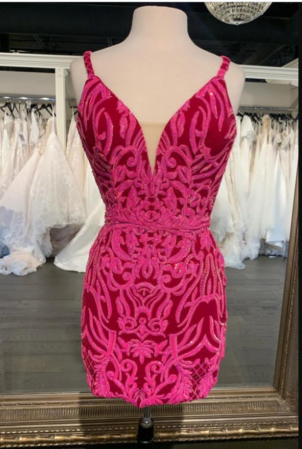 Hot Pink Homecoming Dress 2023 Short Spaghetti Straps Sequin