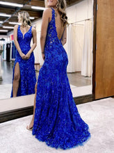 Load image into Gallery viewer, Mermaid V Neck Sequined Lace Prom Dress with Slit
