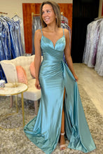 Load image into Gallery viewer, V Neck Spaghetti Straps Satin  Mermaid Long Prom Dresse With Slit Evening Gowns with Long Train
