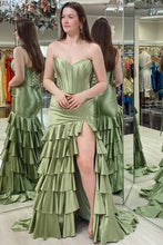 Load image into Gallery viewer, Sweetheart Satin Women's Ruffle Prom Dresses Long Mermaid Evening Dresses with Slit
