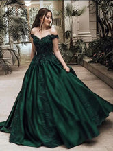 Load image into Gallery viewer, Ball Gown Off-the-Shoulder Sleeveless Floor-Length Lace Appliques Satin Prom Dresses
