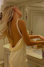 Load image into Gallery viewer, Charming Sheath Spaghetti Straps Yellow Satin Long Mermaid Party Prom Dress with Pearl
